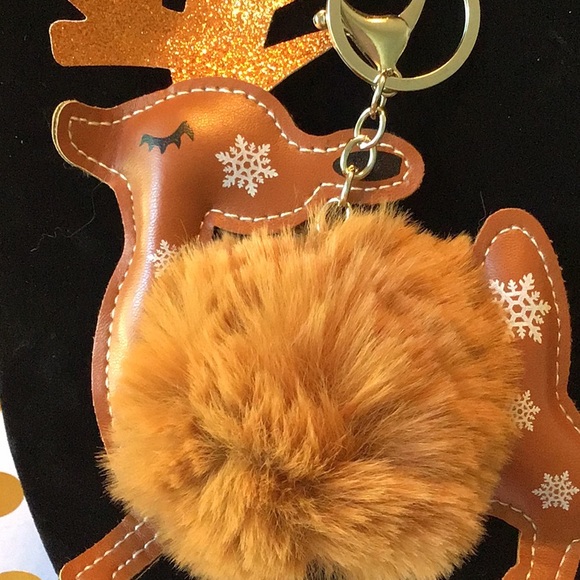 TAN REINDEER FLUFFBALL KEYCHAIN - Picture 3 of 3